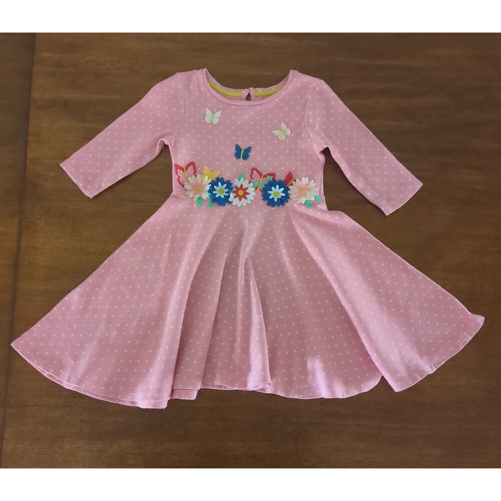 Mini Boden Girls long sleeve Pink polkadot Applique Dress size 5/6 EUC
